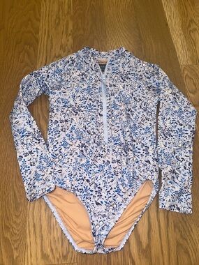 Crewcuts Blue and White Floral Long-Sleeve Rashguard One-Piece